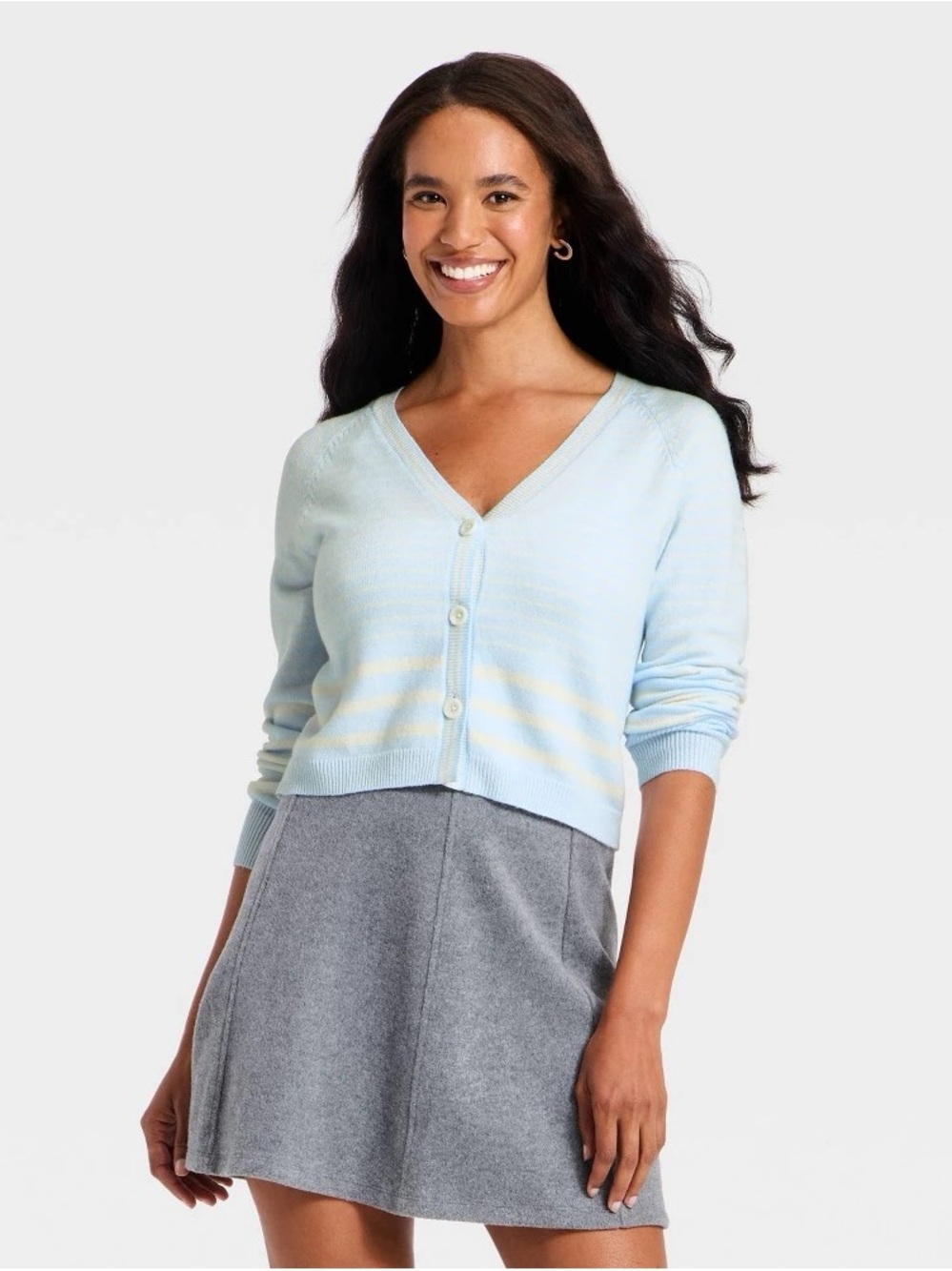 a new day Pale Blue Cropped V-Neck Button Cardigan with Cream Stripes b220